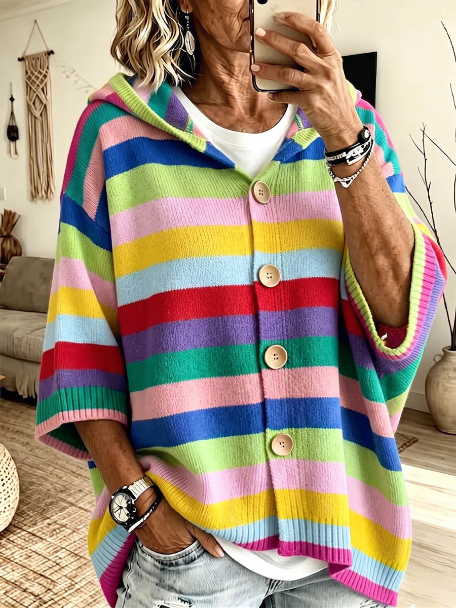 Vintage Elegant Color Blocked Hooded Button Down Sweater