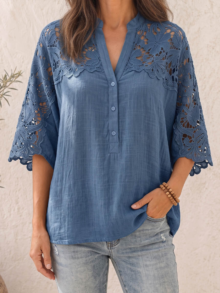 Vintage Elegant Cotton Linen Patchwork Openwork Floral Lace Shirt