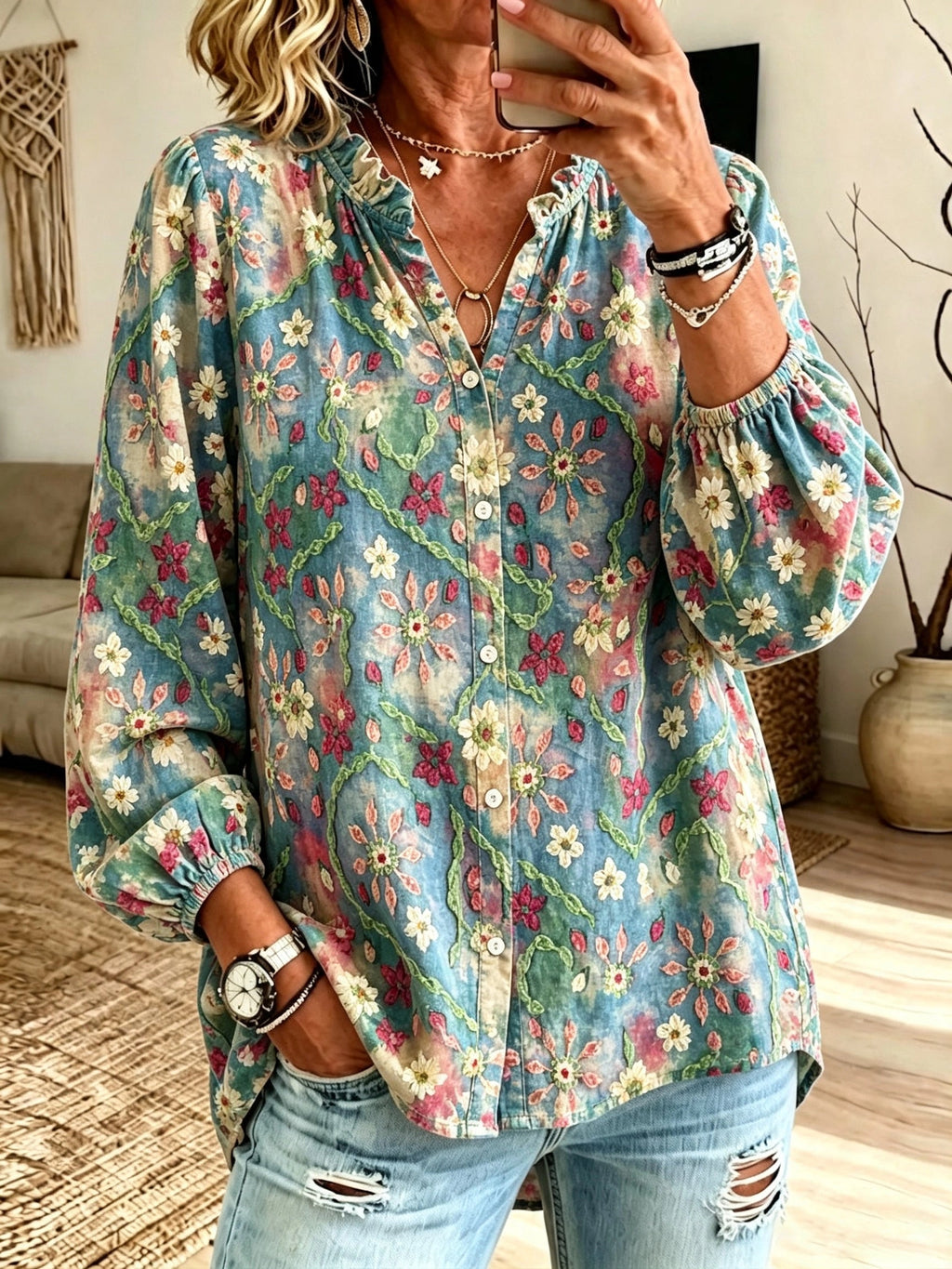 Women's Floral Patchwork Button-Down Blouse