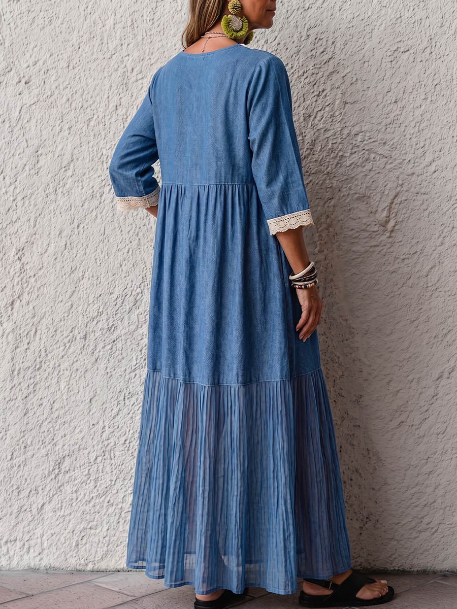 Vintage Elegant Denim Patchwork Lace Color Blocked Dress