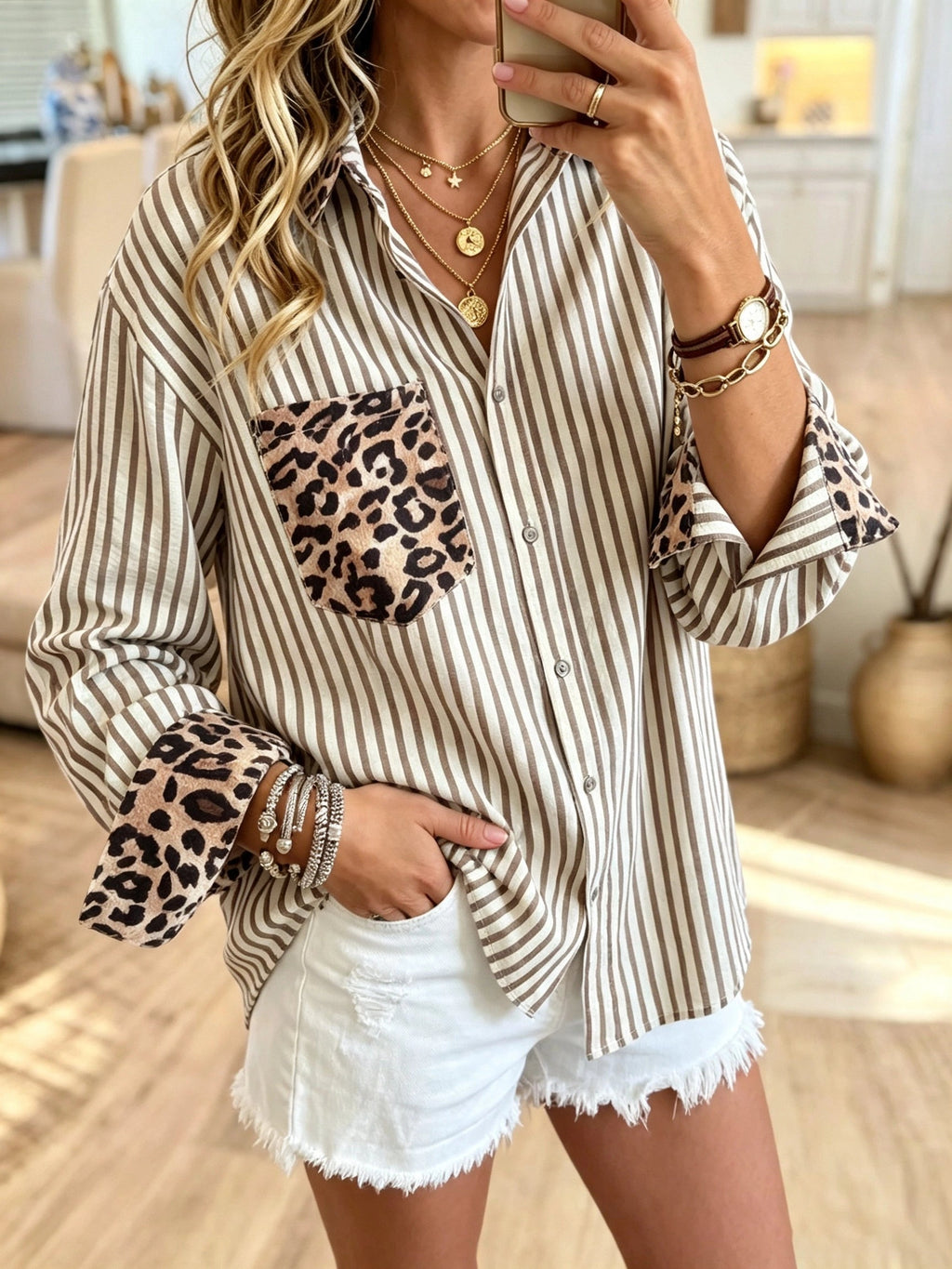 Women's Leopard Pocket Striped Button-Down Shirt