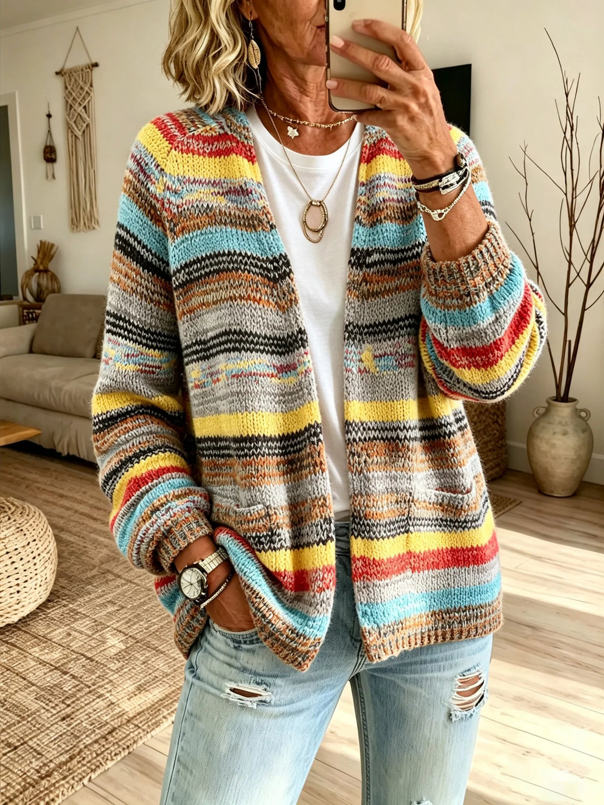 Women Vintage Multicolor Stripe Knit Cardigan