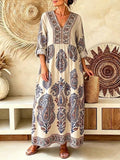 Retro Ethnic Floral Pattern Art Print Casual V-neck Cotton Linen Maxi Dress