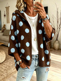 Women Polka Dot Print Hooded 3/4 Sleeve Knit Cardigan
