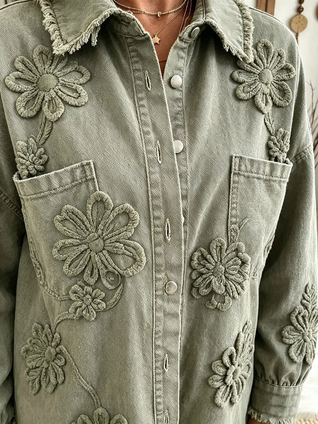 Women's Floral Applique Frayed Denim Jacket