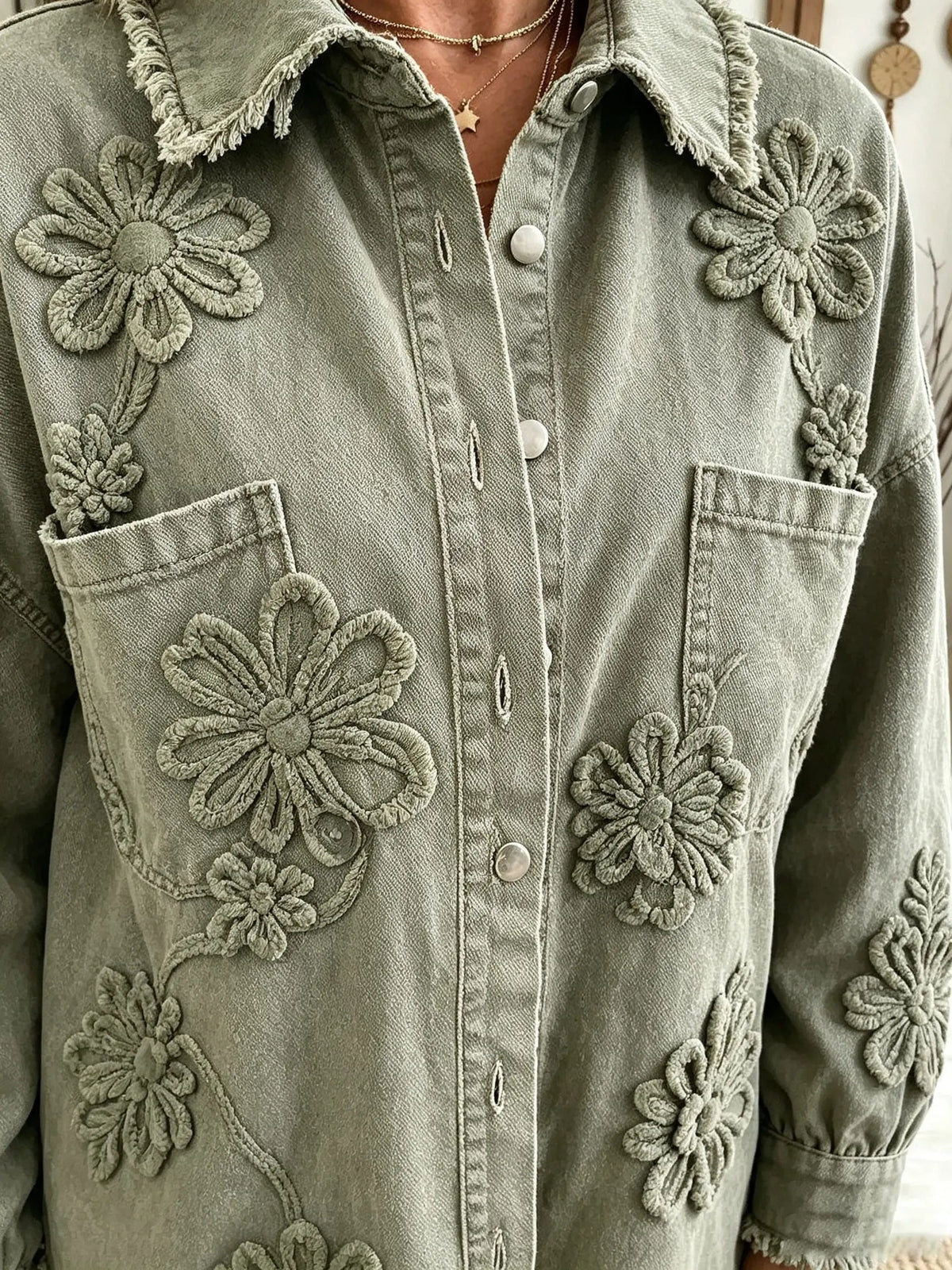 Women's Floral Applique Frayed Denim Jacket