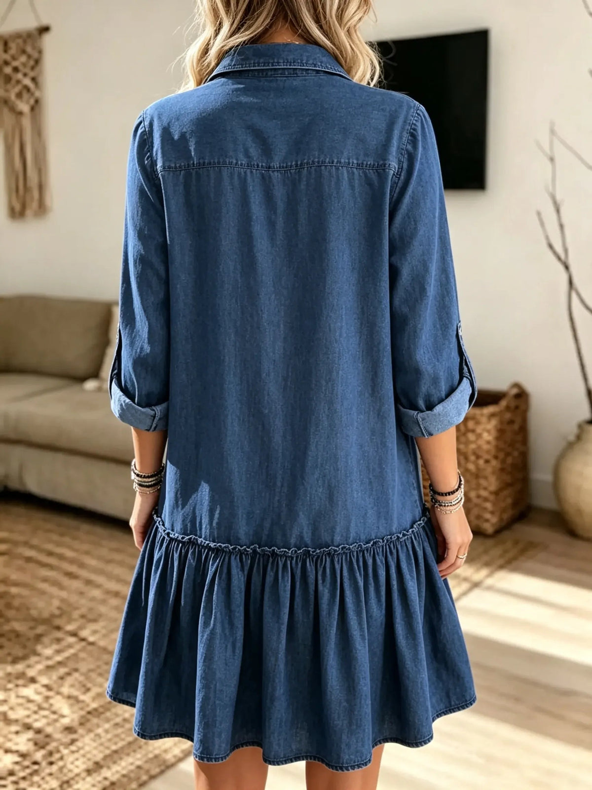 Women's Drop Waist Ruffle Denim Shirt Dress