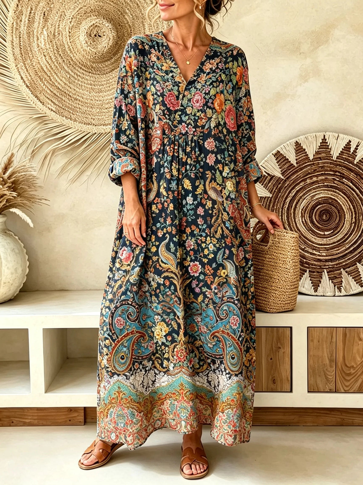 Women's Vintage Floral Paisley Print V-Neck Maxi Dress