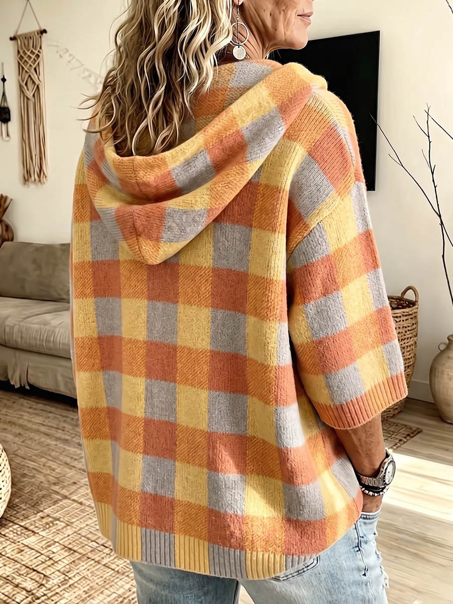 Vintage Elegant Color Blocked Hooded Button Down Sweater