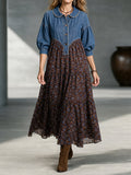 Boho-chic Denim Bodice Long Sleeve Floral Tiered Swing Maxi Dress