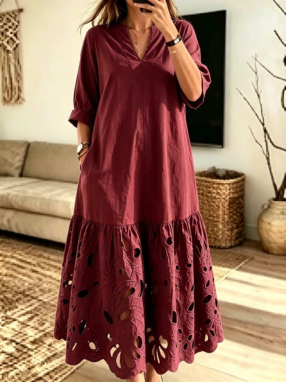 Women's Solid Hollow Out Art V-Neck Loose Maxi Dress