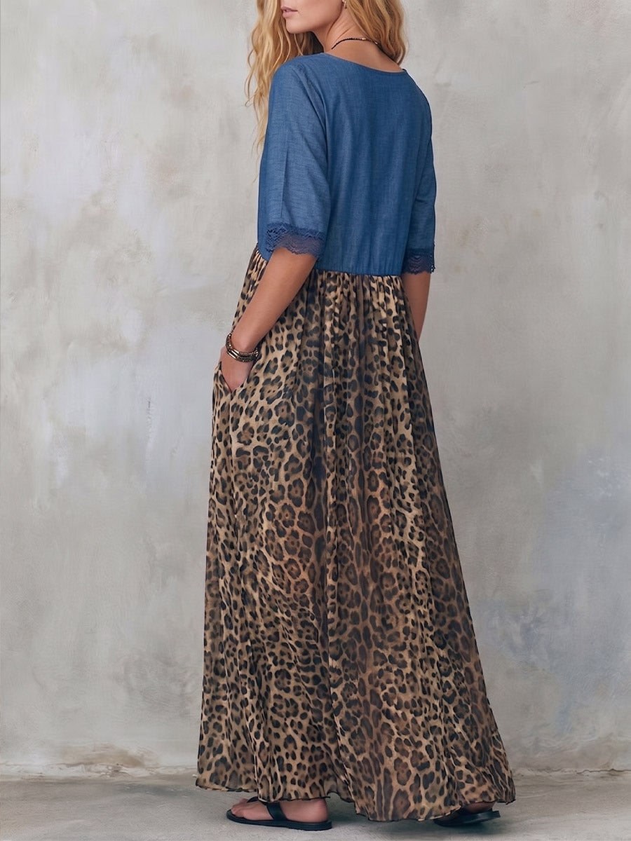 Vintage Elegant Denim Patchwork Lace Color Blocked Leopard Print Dress