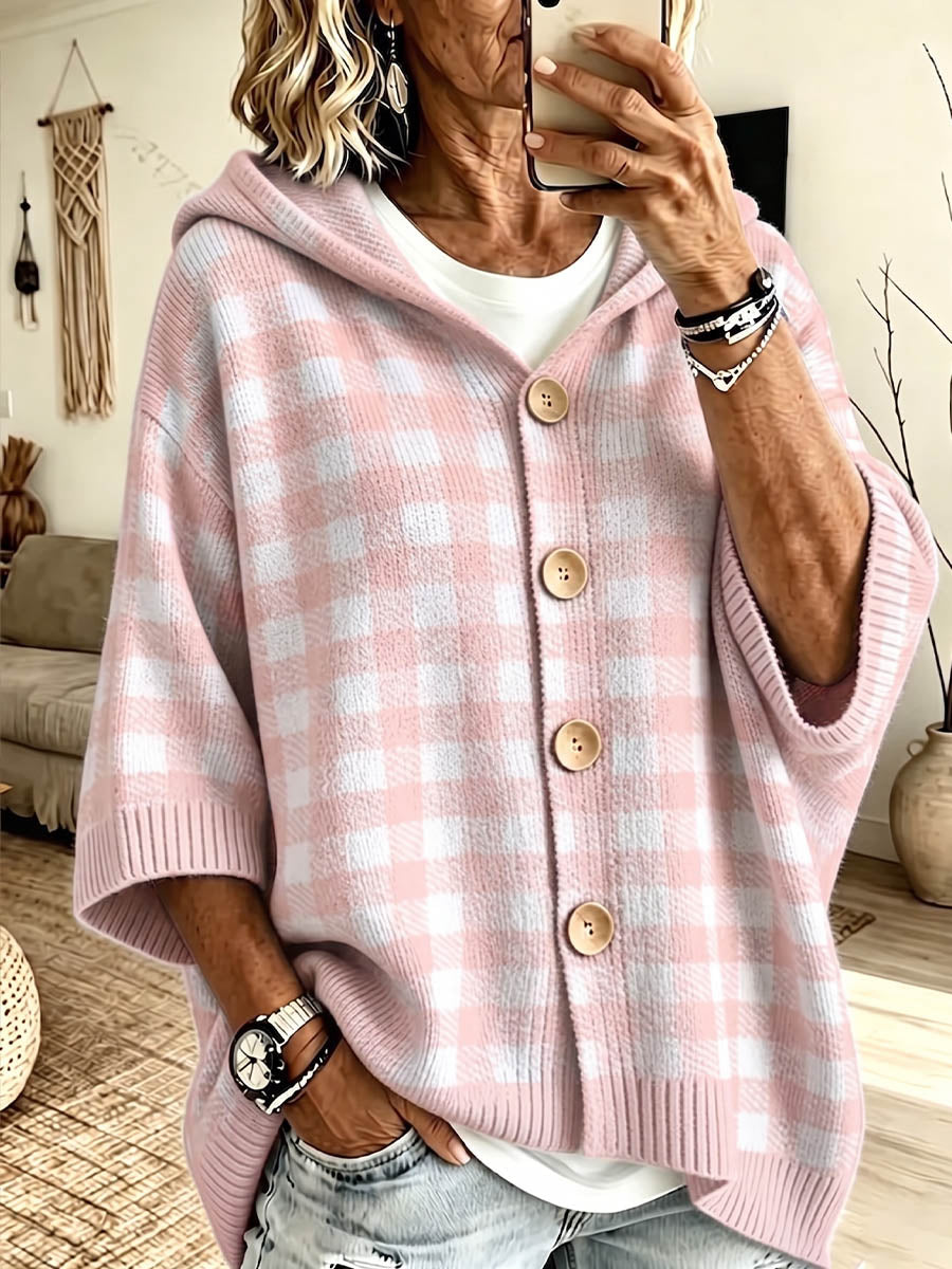 Vintage Elegant Color Blocked Hooded Button Down Sweater