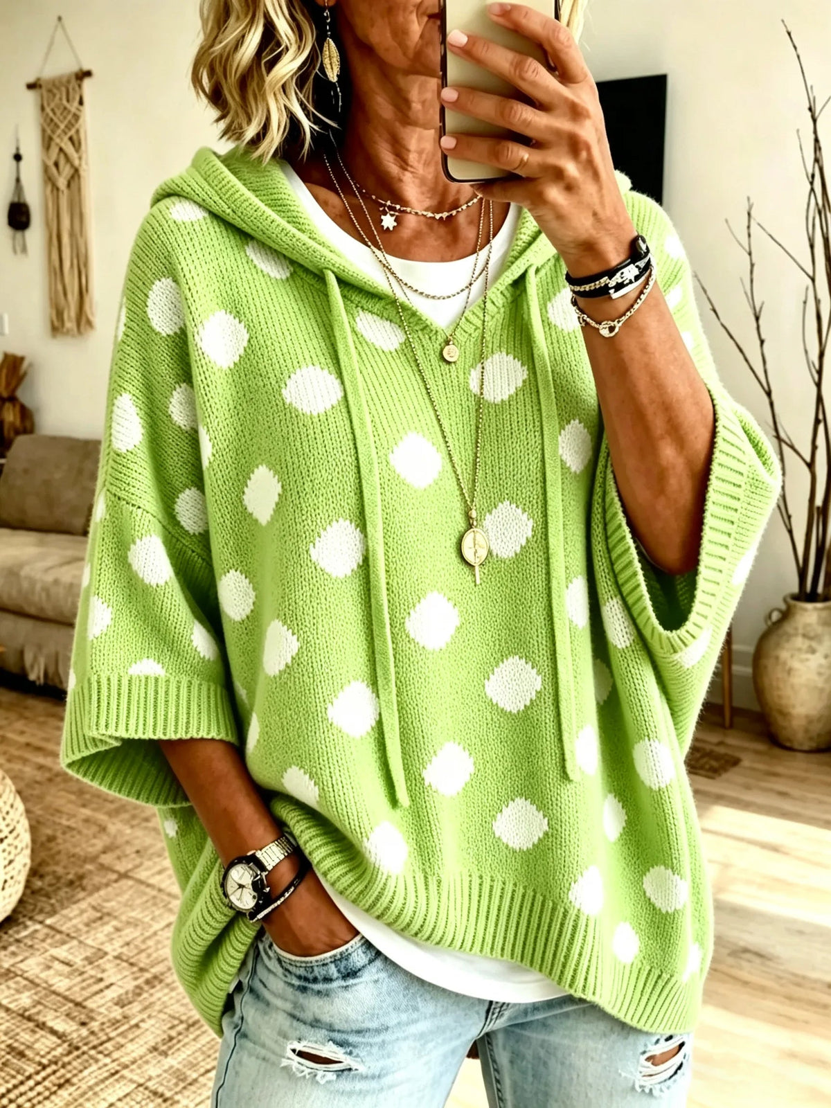 Women White Polka Dot Print Hooded Short Sleeve Knit Top