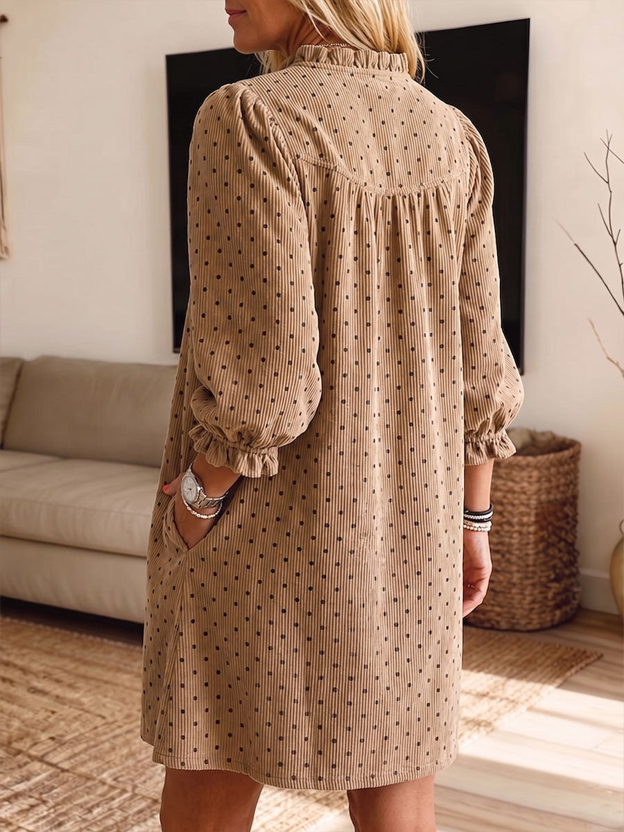 Vintage Elegant Corduroy Puff Sleeve Polka Dot Print Dress