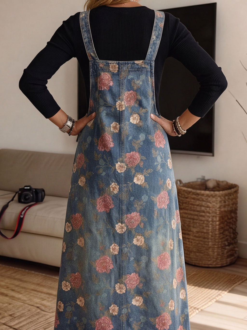 Women's Vintage Floral Print Denim Pinafore Midi Dress With Pockets