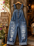 Women's Dark Washed Denim Leopard Floral Patch Distressed Straight Leg Overalls