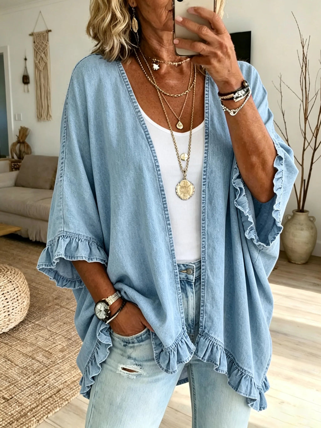 Women Solid Washed Denim Ruffle Cardigan