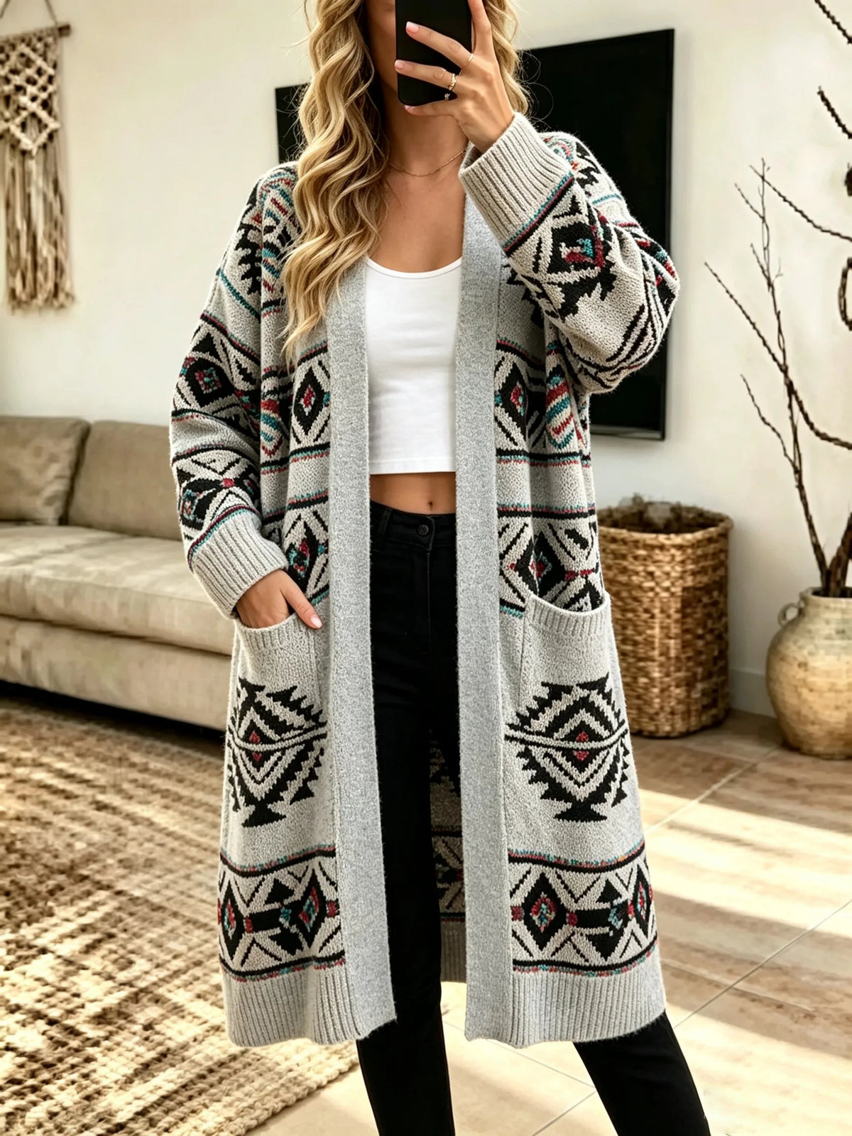 Women Ethnic Geometric Jacquard Long Knit Cardigan