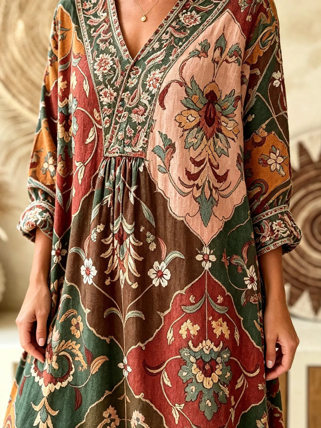 Women's Ethnic Geometric Floral Patchwork Print V-Neck Maxi Dress