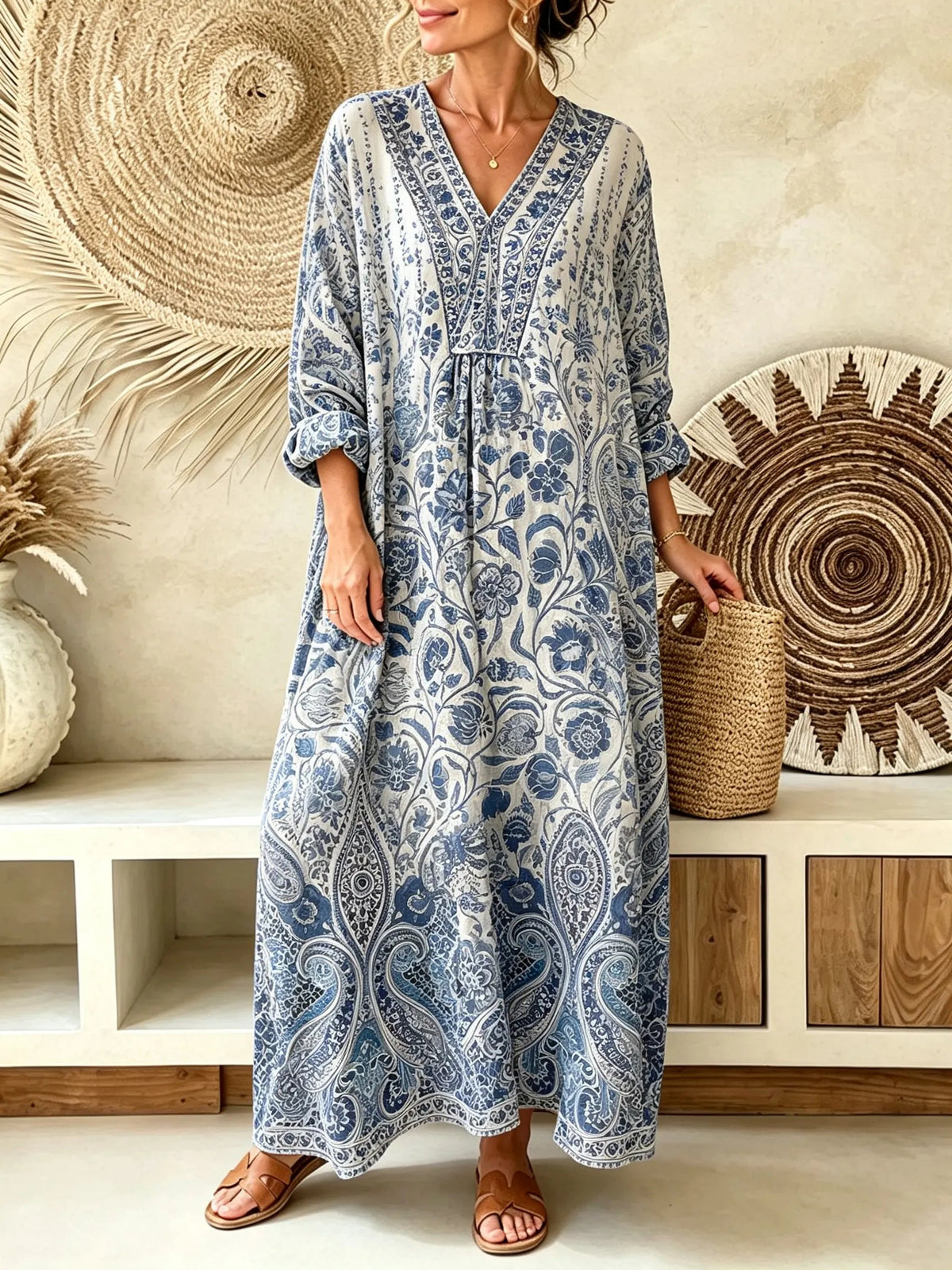 Women's Blue Porcelain Paisley Vintage Print V-Neck Boho Maxi Dress