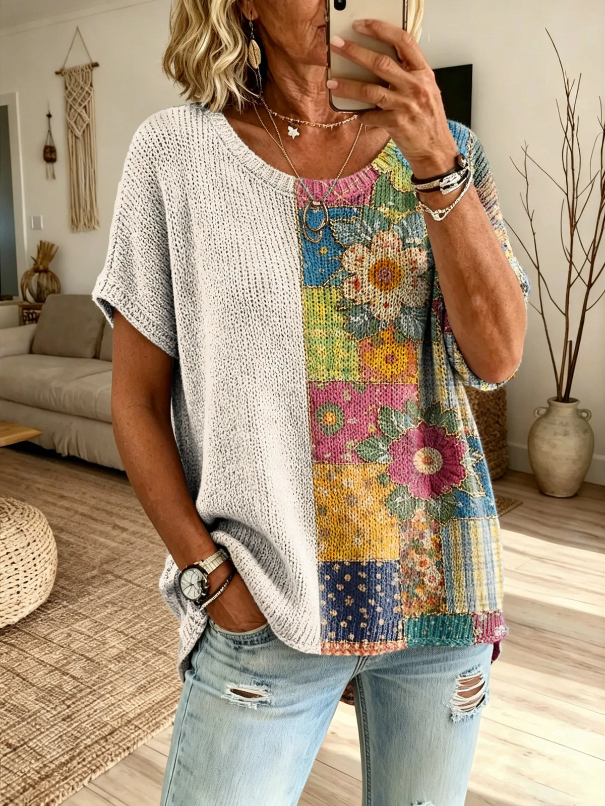 Women’s Vintage Patchwork Colorful Big Floral Print Loose Short Sleeve Knit Tee