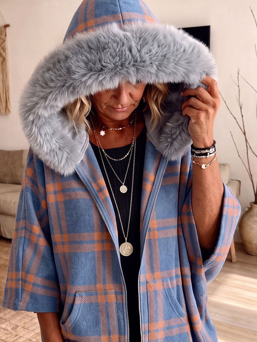 Faux Fur Hood Plaid Zip-Up Poncho Jacket