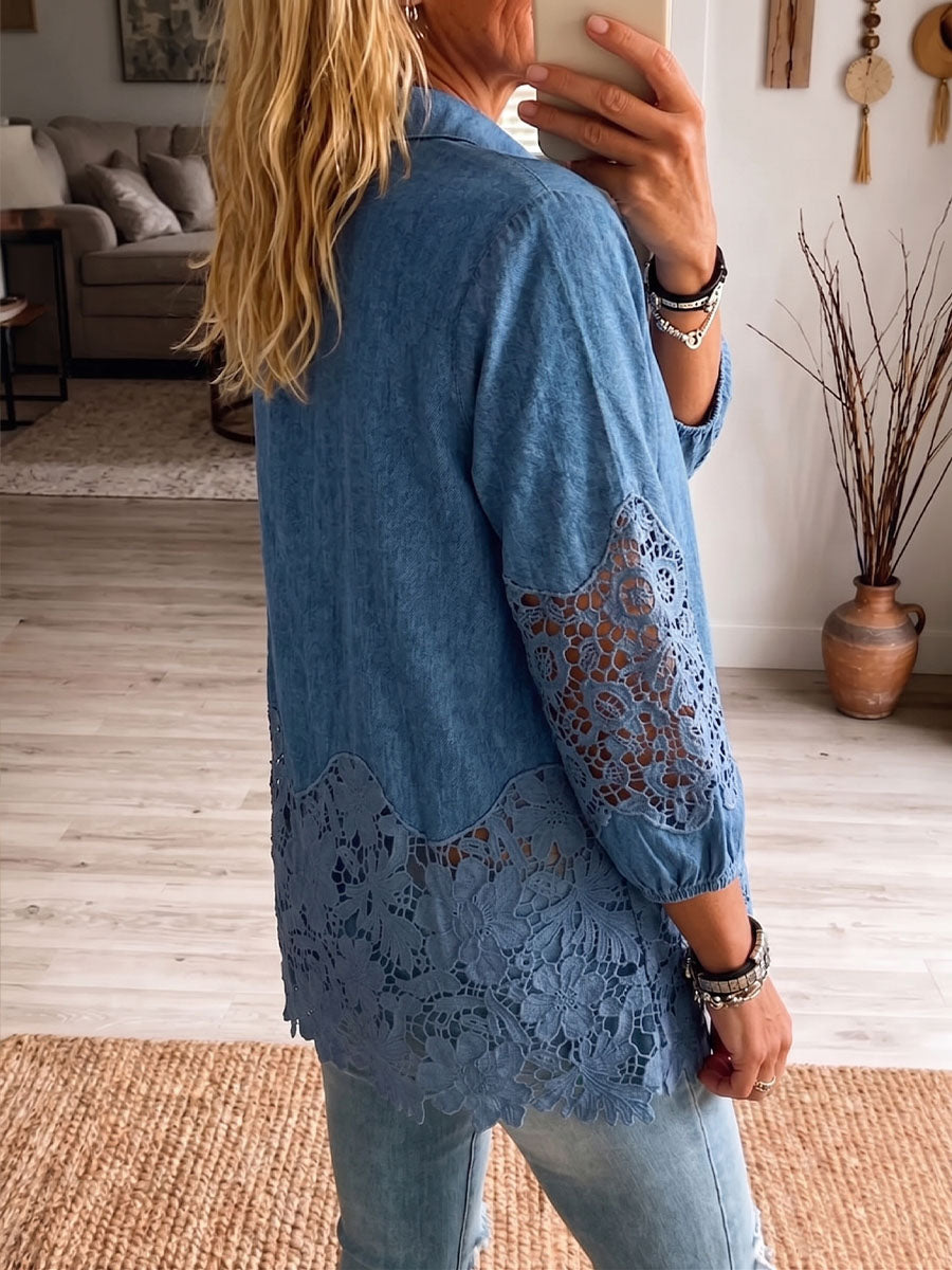 Vintage Elegant Denim Patchwork Openwork Floral Lace Shirt