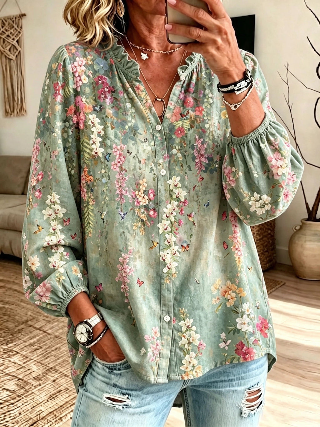 Women's Garden Floral Button-Down Blouse