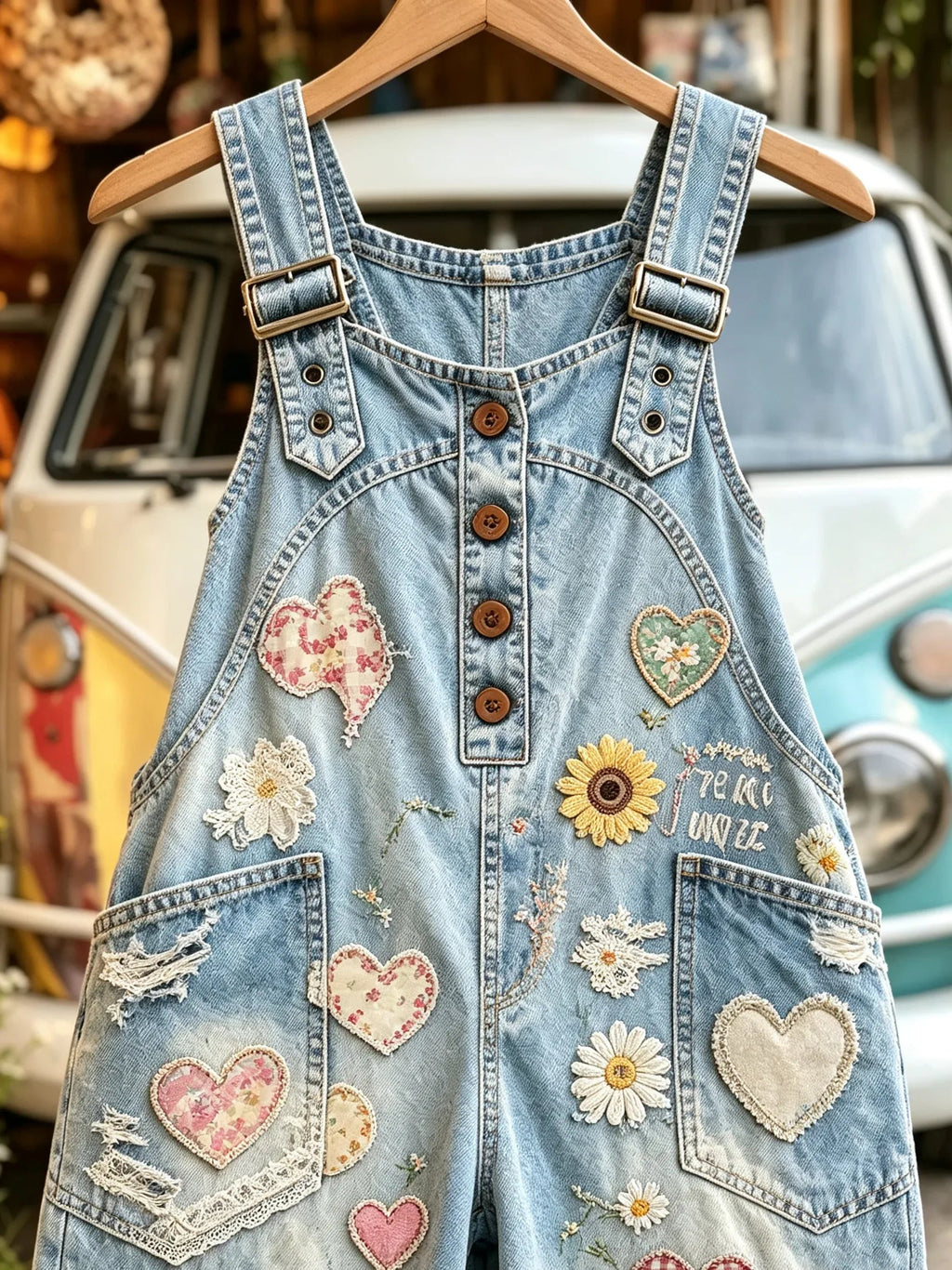 Women's Floral Heart Patchwork Print Light Blue Denim Overalls Long Pants
