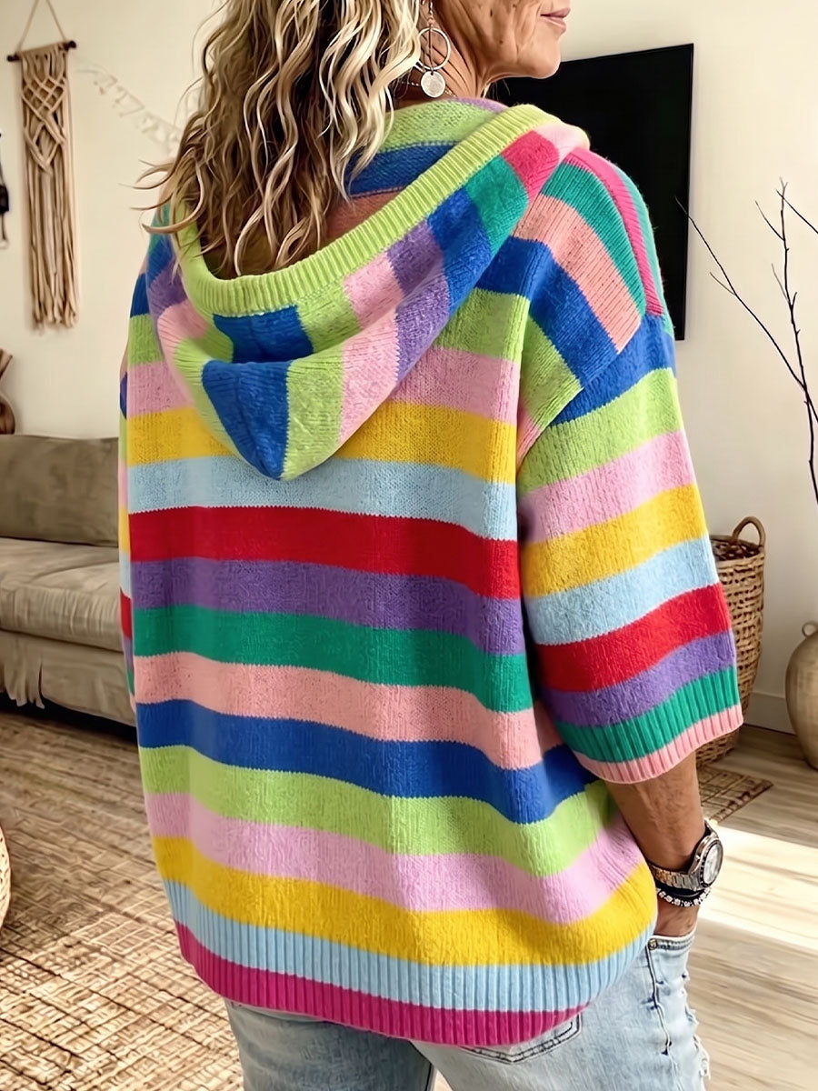 Vintage Elegant Color Blocked Hooded Button Down Sweater