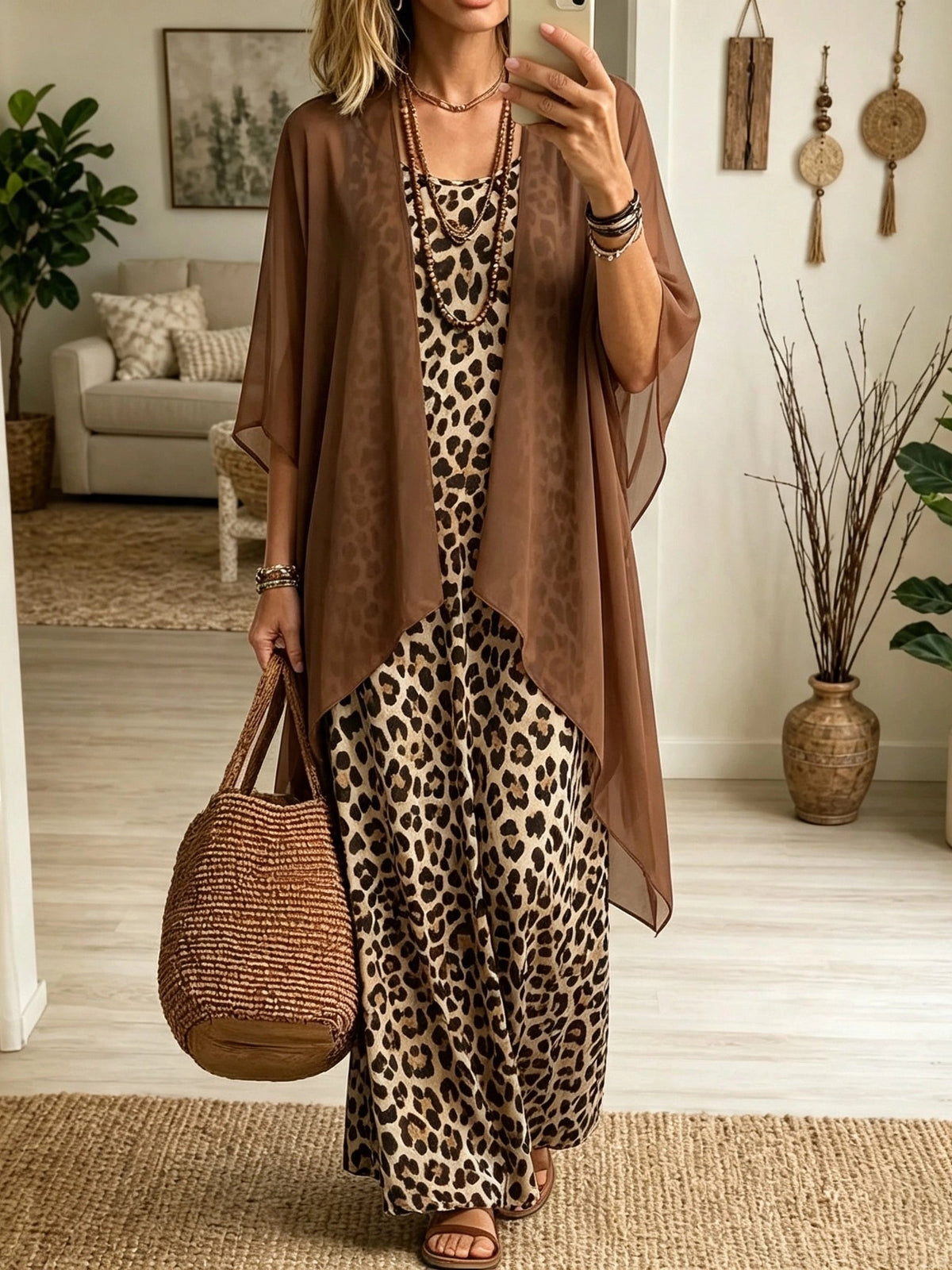 Women's Leopard Maxi Dress and Cardigan Set