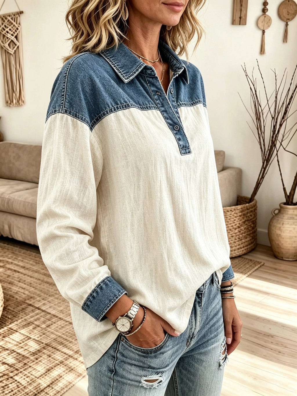 Women's Color-Block Denim Polo Blouse