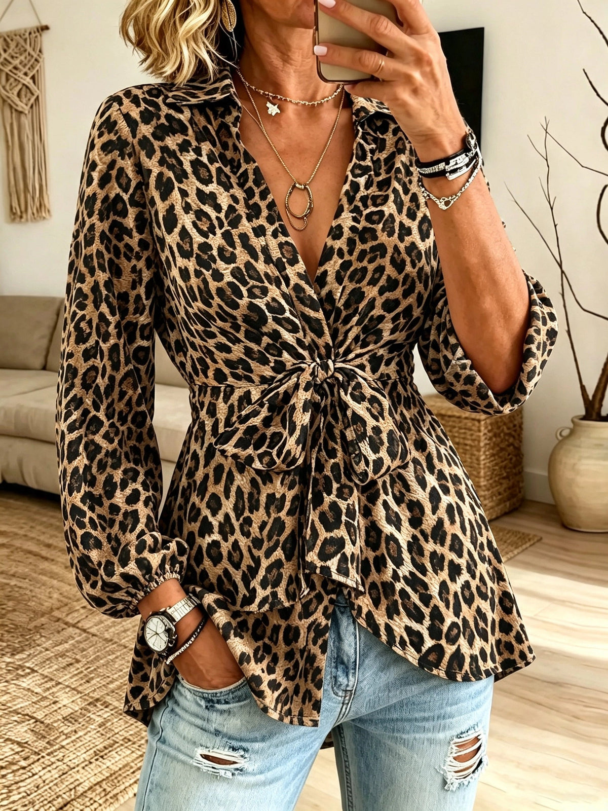 Women's Tie-Front Leopard Blouse