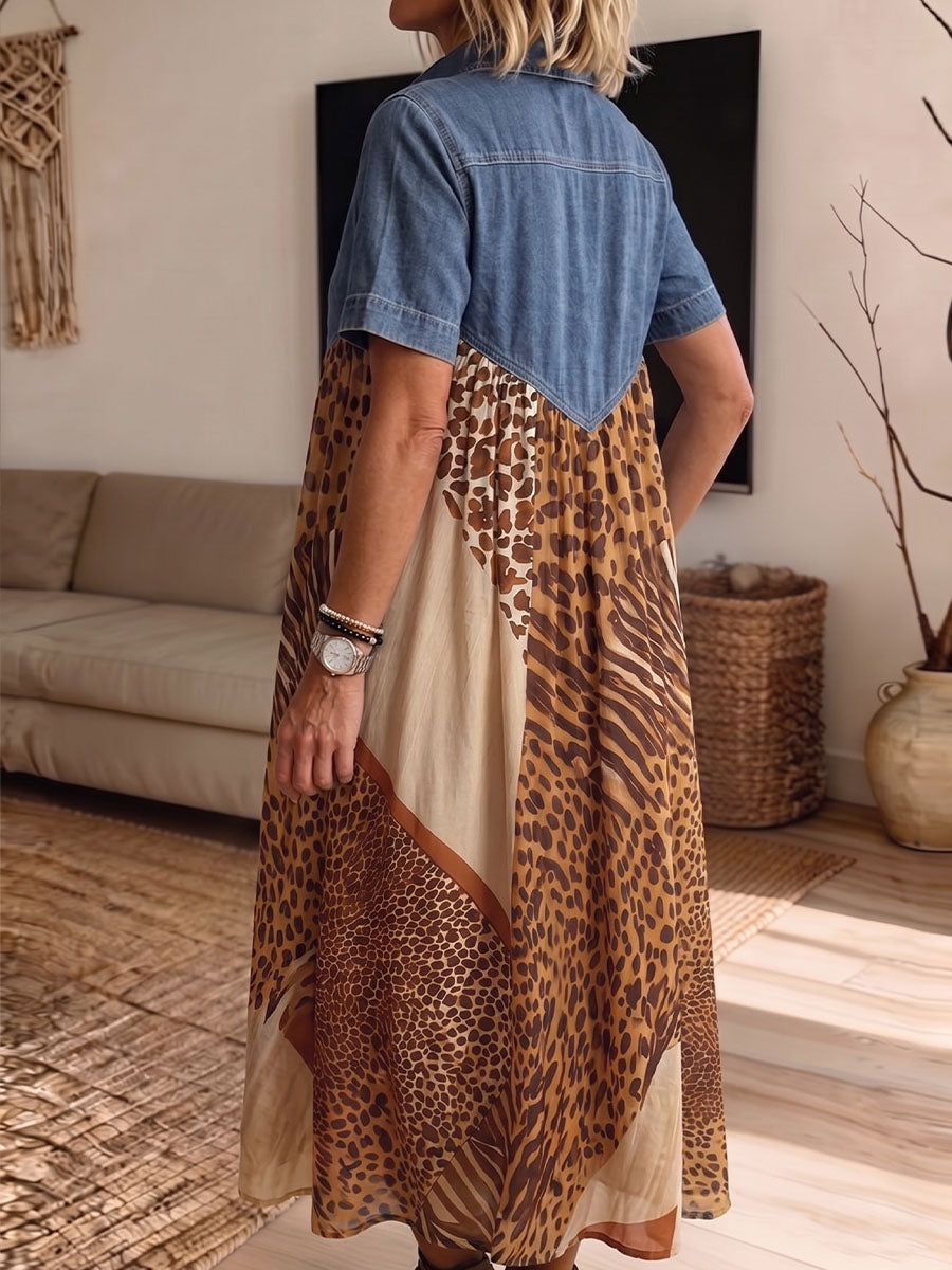 Vintage Elegant Color Blocking Pattern Print Patchwork Denim Dress