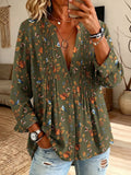 Women’s Pintuck V-Neck Wildlife Print Loose Button Down Blouse