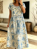 Women's Blue Botanical Floral Print Hollow Short Sleeve Midi Dress