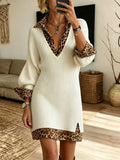 Women Solid V-Neck Knit Tunic Leopard Shirt Dress