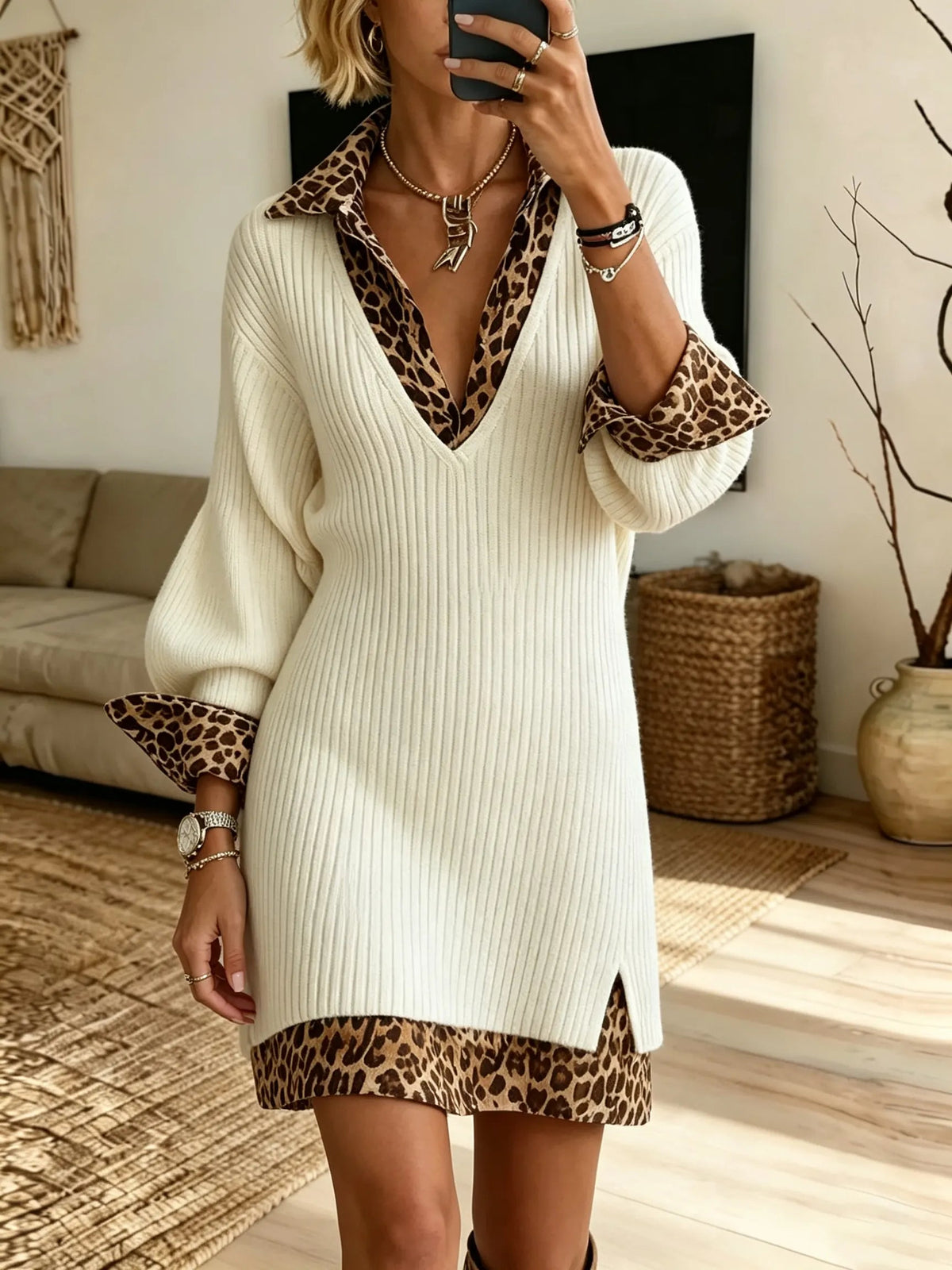 Women Solid V-Neck Knit Tunic Leopard Shirt Dress