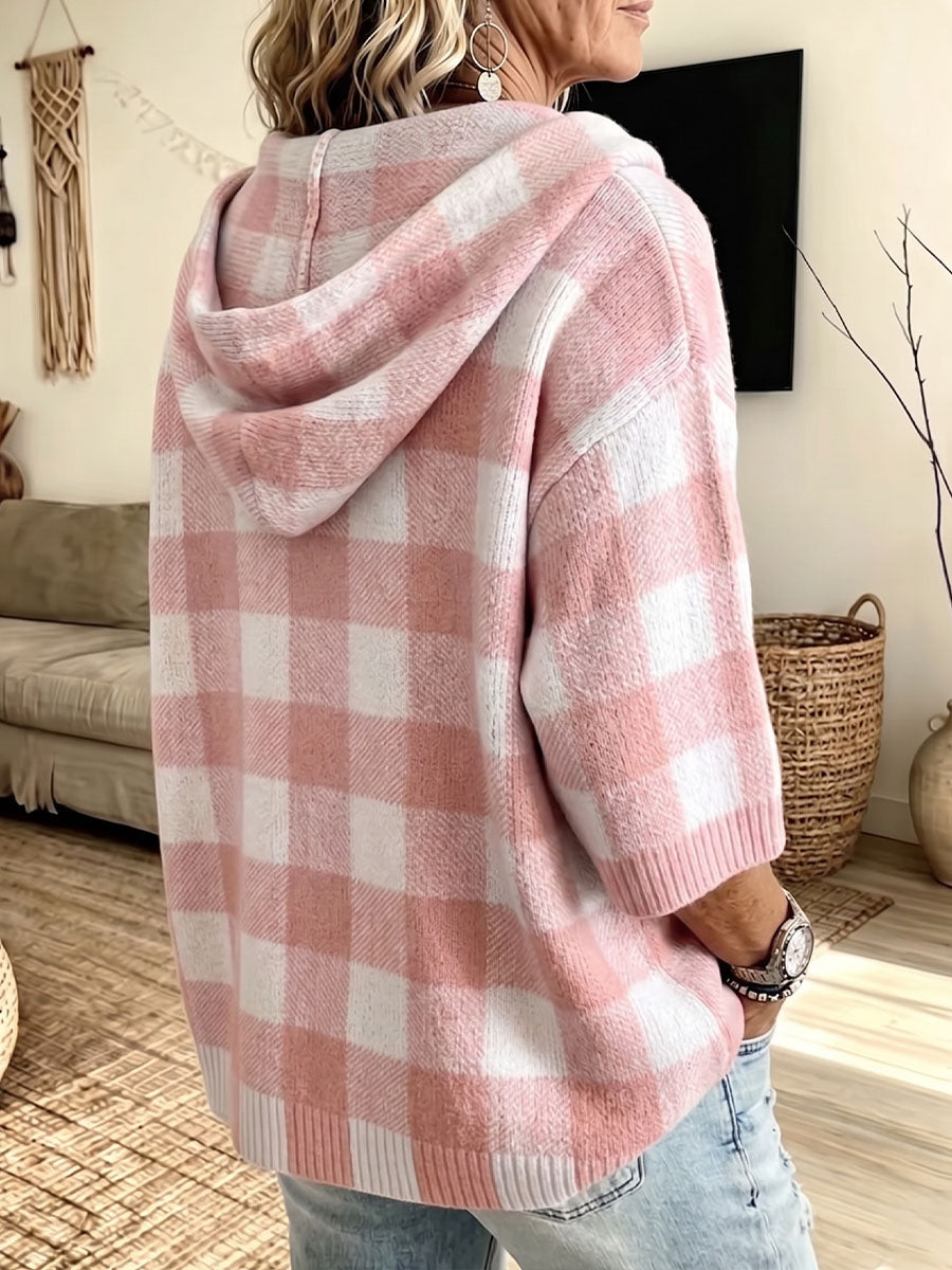 Vintage Elegant Color Blocked Hooded Button Down Sweater