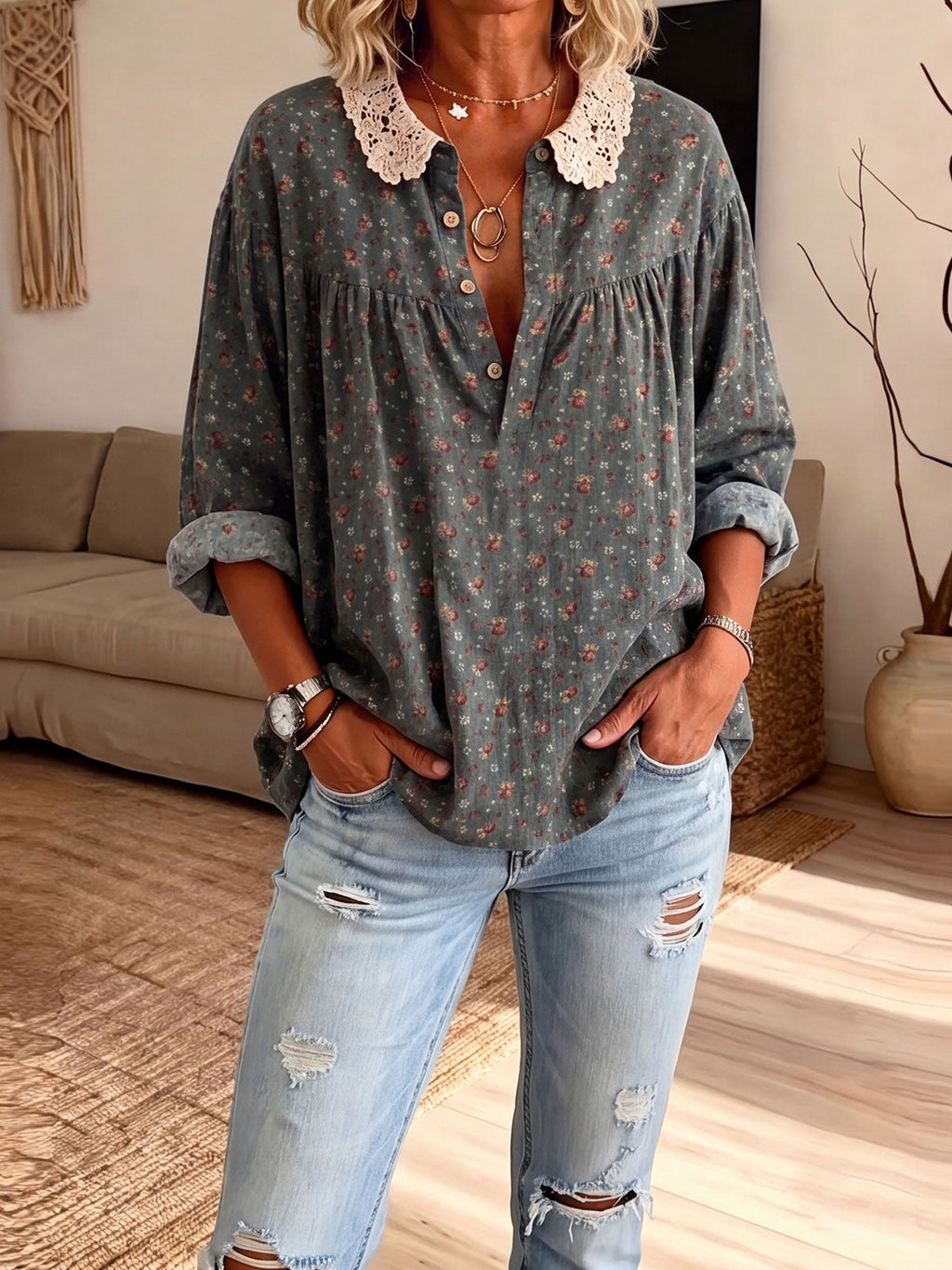 Women’s Lace Peter Pan Collar Ditsy Floral Half Button Loose Blouse