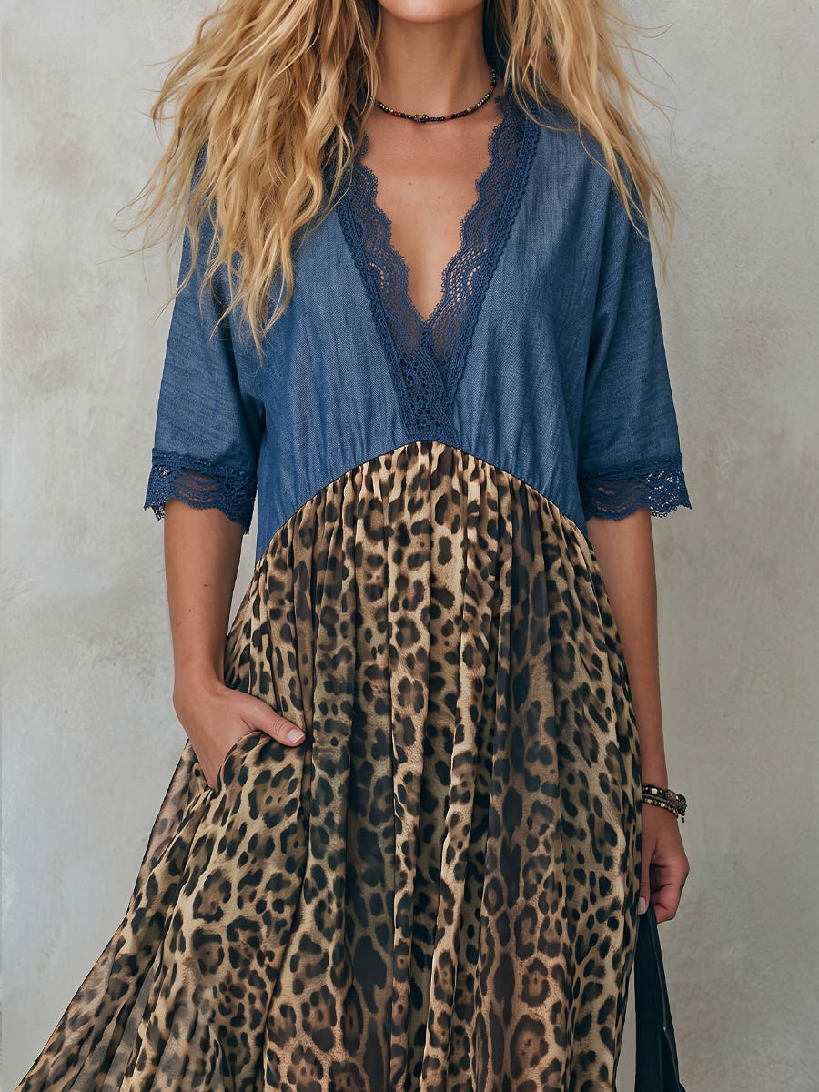 Vintage Elegant Denim Patchwork Lace Color Blocked Leopard Print Dress