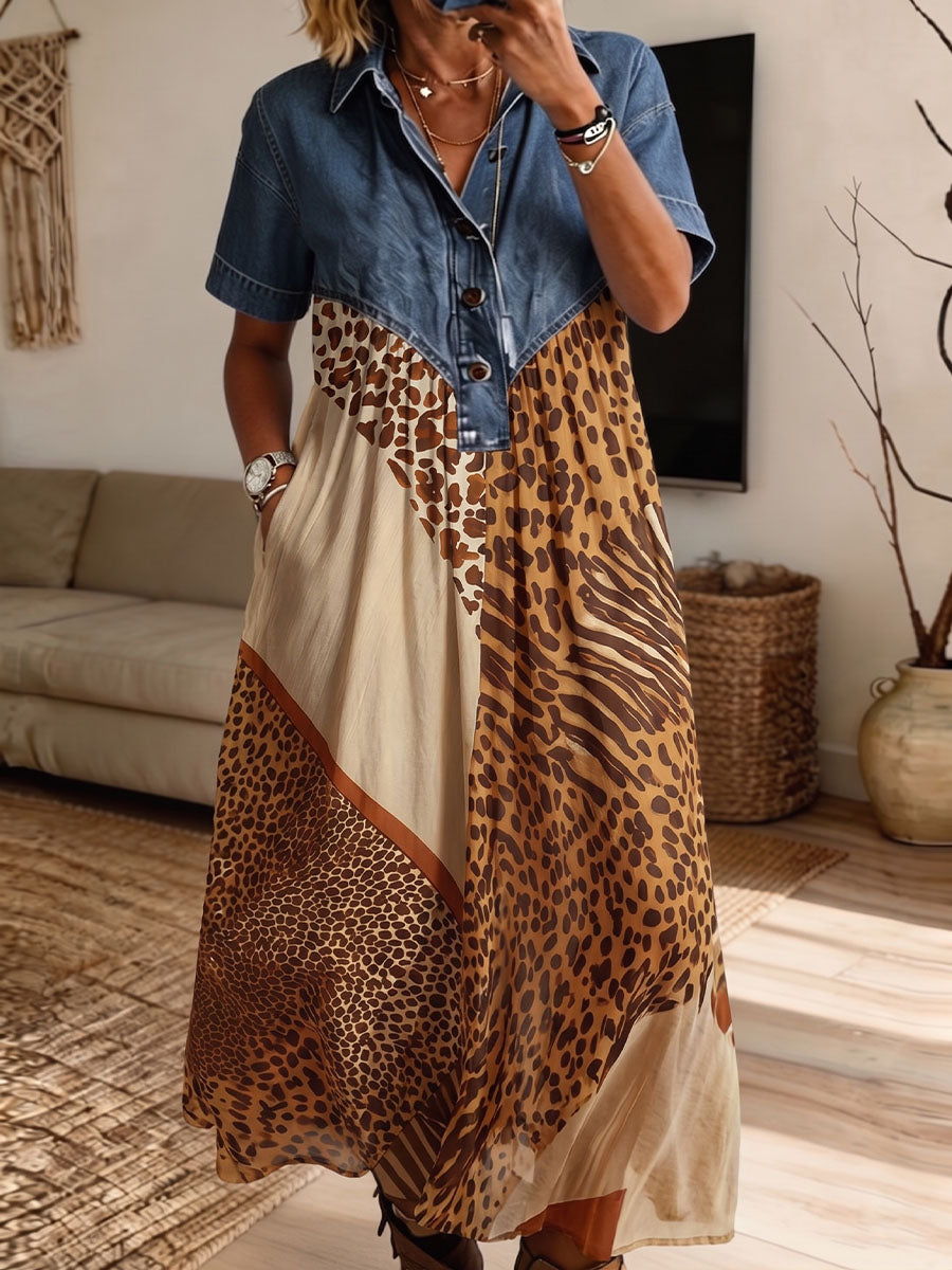 Vintage Elegant Color Blocking Pattern Print Patchwork Denim Dress