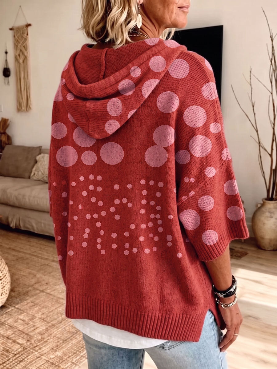 Vintage Elegant Color Blocked Hooded Polka Dot Sweater