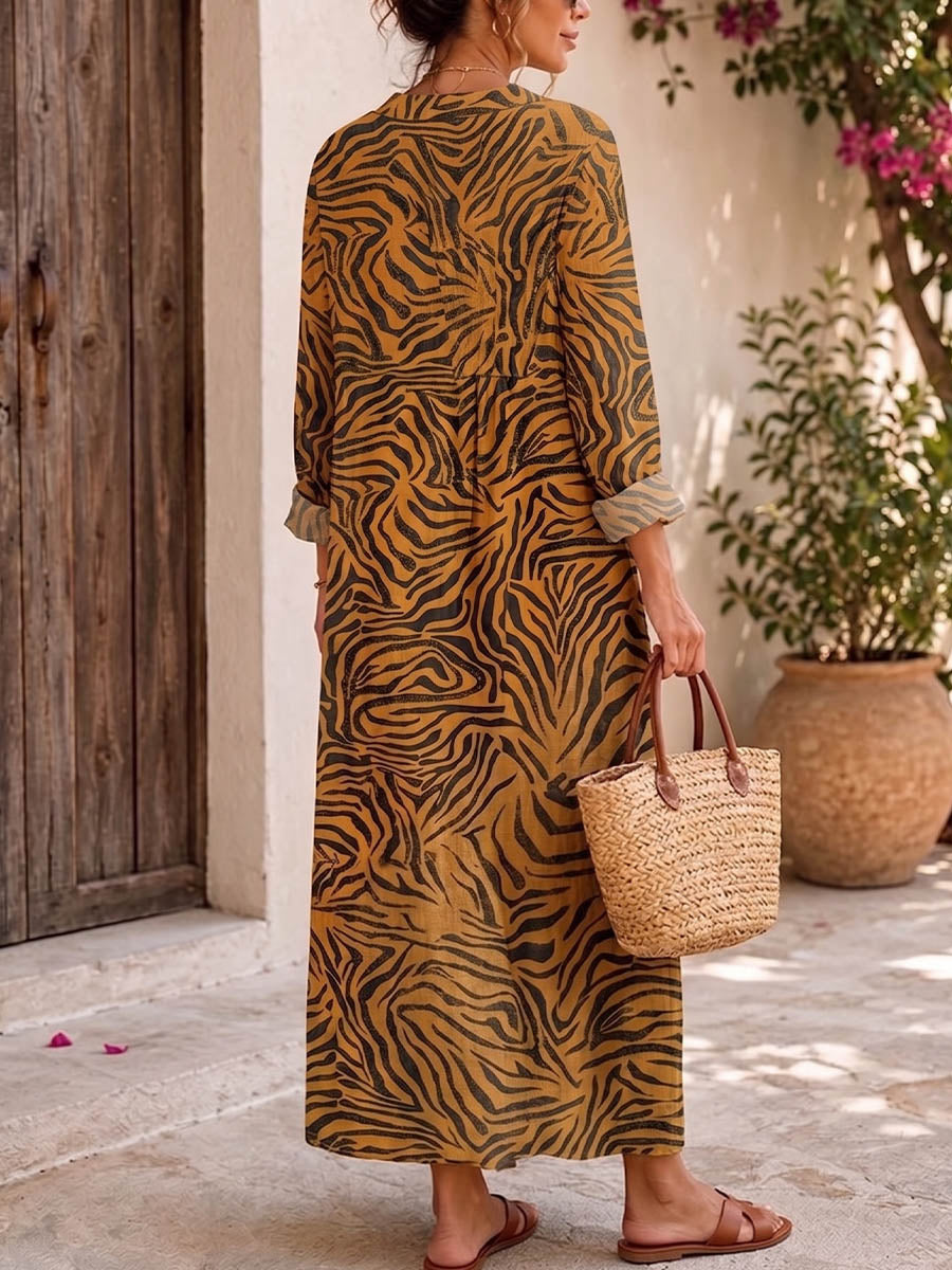 Vintage Elegant Cotton Linen Color Blocking Pattern Print Dress