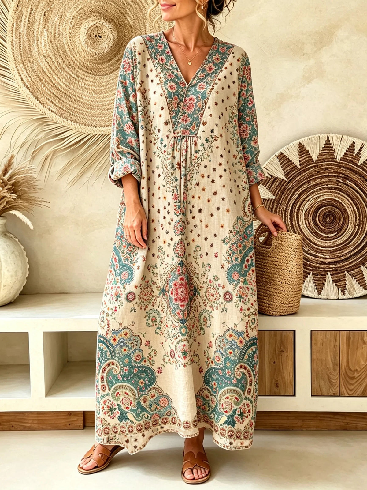 Women's Vintage Ditsy Floral Paisley Print V-Neck Maxi Dress