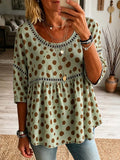Retro Polka Dot Pattern Art Print Casual Hollow Short Sleeve Cotton Linen Shirt