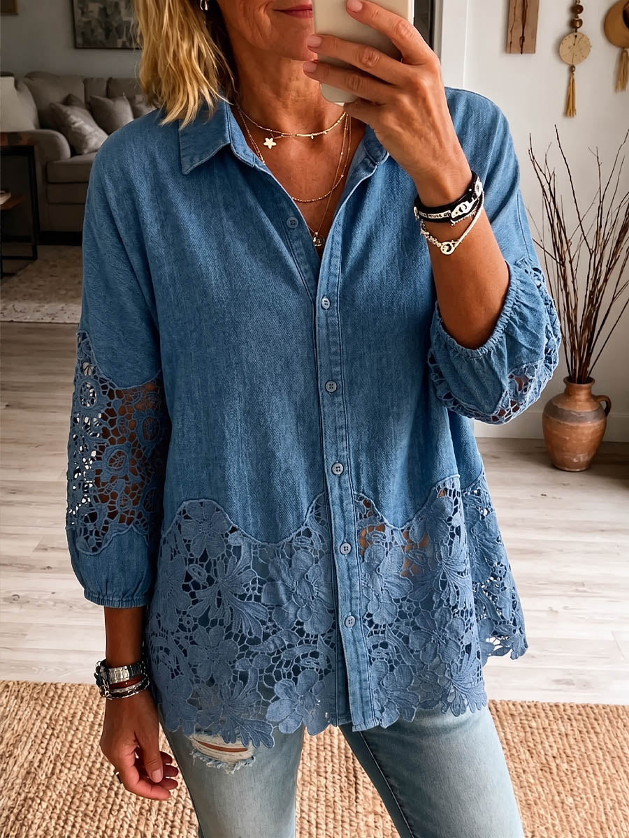 Vintage Elegant Denim Patchwork Openwork Floral Lace Shirt