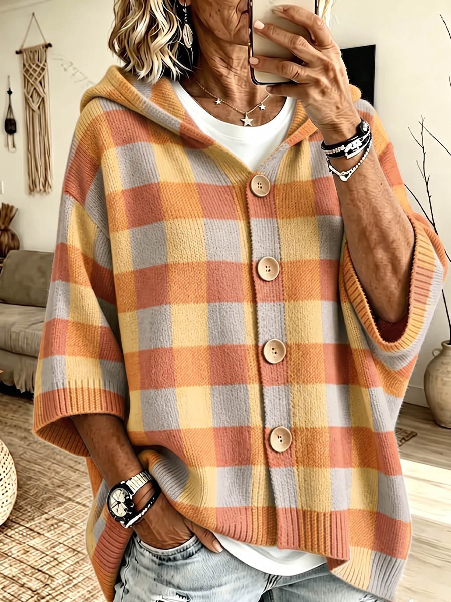 Vintage Elegant Color Blocked Hooded Button Down Sweater
