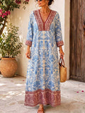 Retro Floral Pattern Art Print Casual V-neck Cotton Linen Maxi Dress